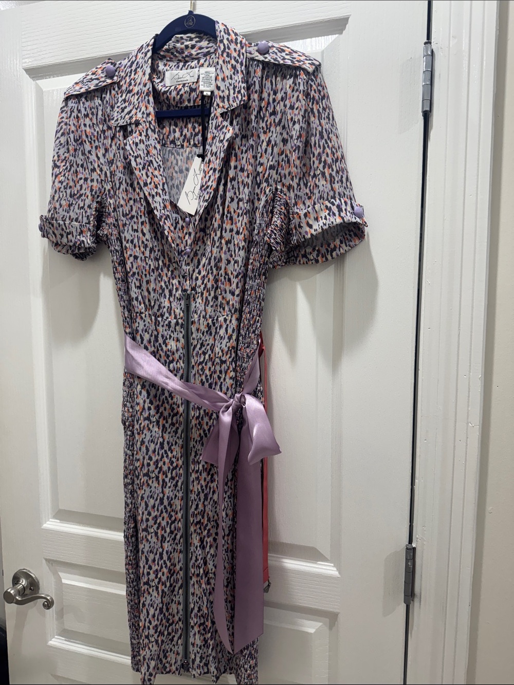 Byron Lars Lavender Multi-Print Midi Dress with Satin Tie